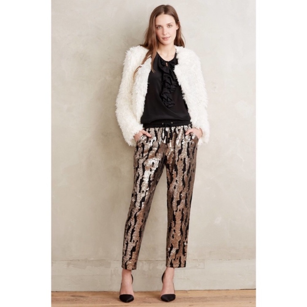 Anthropologie Black and Gold Sequin Cropped Pants XL - Picture 2 of 8